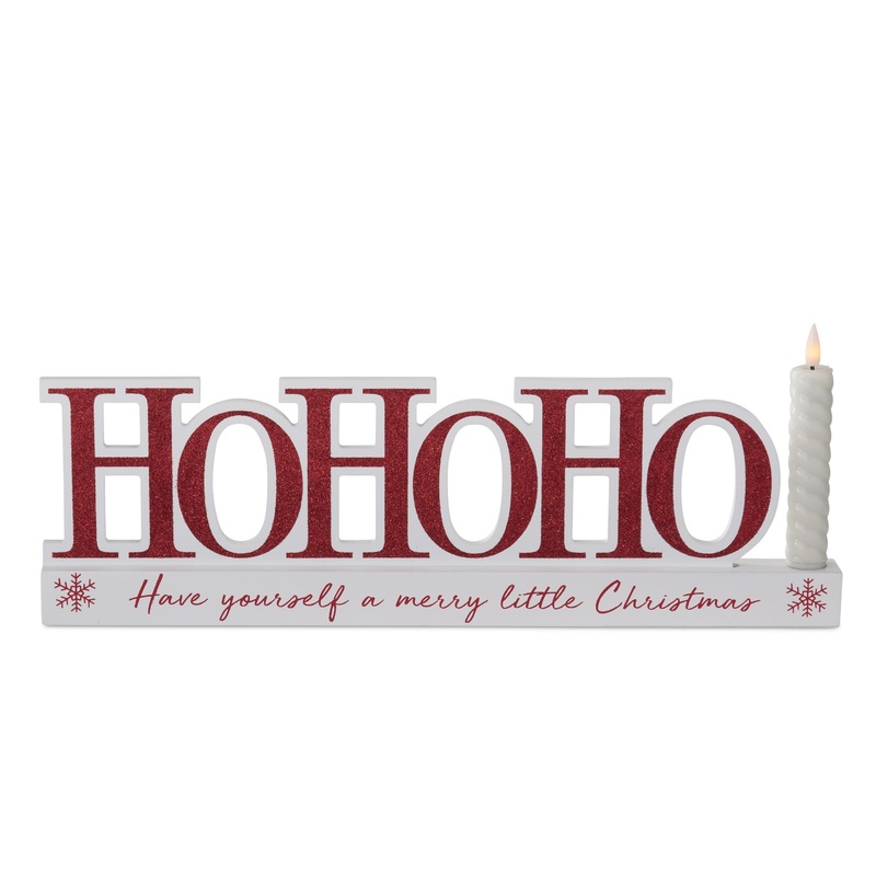 White & Red Christmas Message HoHoHo Cutout w/ LED Candle, 17