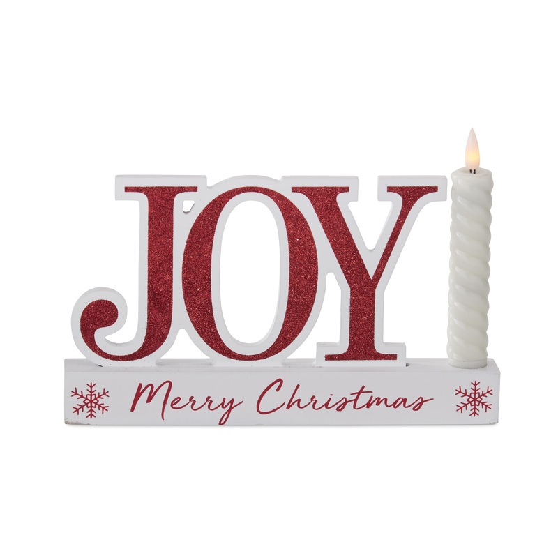 White & Red Christmas Message Joy Cutout w/ LED Candle, 9.5