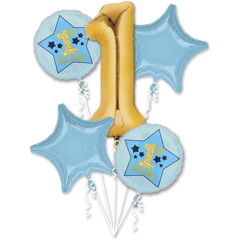 Boy 1st Birthday Blue & Gold Balloon Bouquet | 5 pcs