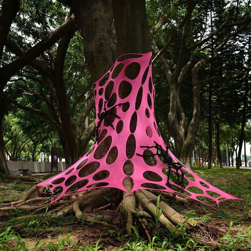 ??Halloween Neon Pink Black Light Stretch Spider Web w/Holes
