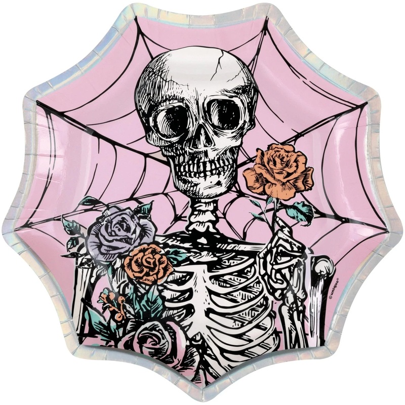 Spider Web & Skeleton Iridescent Paper Plates | 8 ct