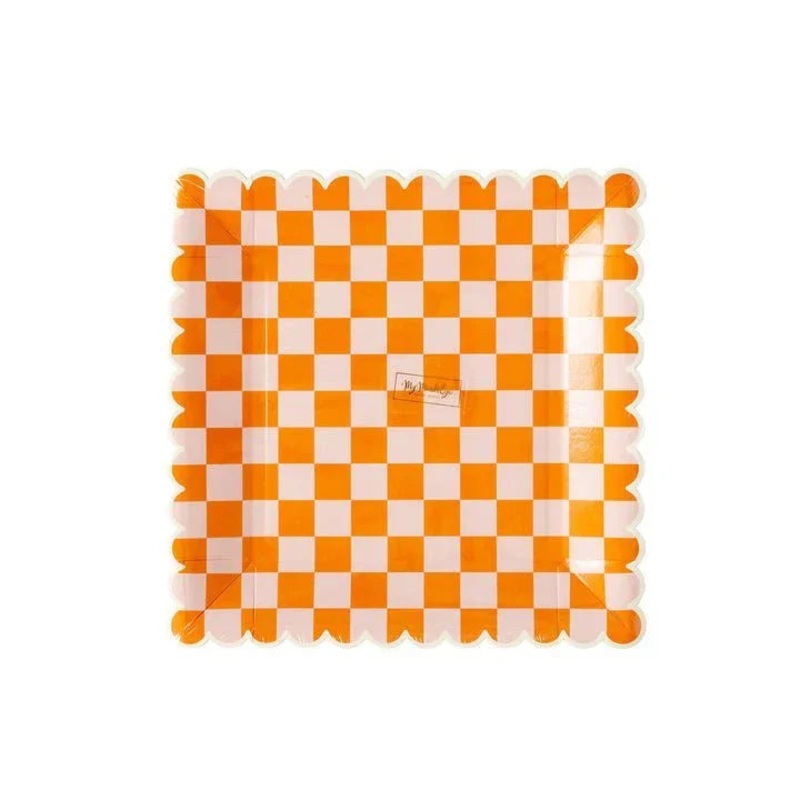 Halloween Ghoul Gang Orange/White Checkered Paper Plates 9 | 8ct
