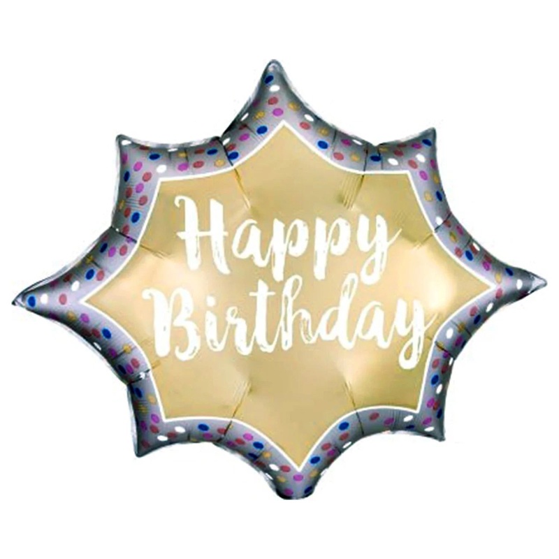 Happy Birthday Satin Gold Burst Supershape Balloon 35 | 1 ct