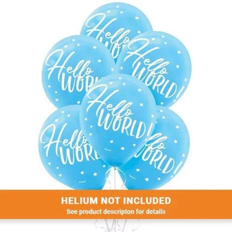 Blue Hello World Flat Printed Latex Balloons, 12” | 15 ct