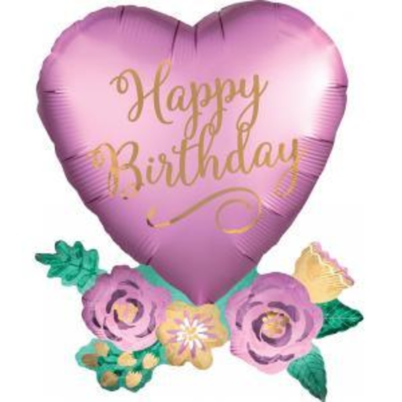 Birthday Satin Heart W/Flowers Supershape Mylar Balloon 30 | 1ct