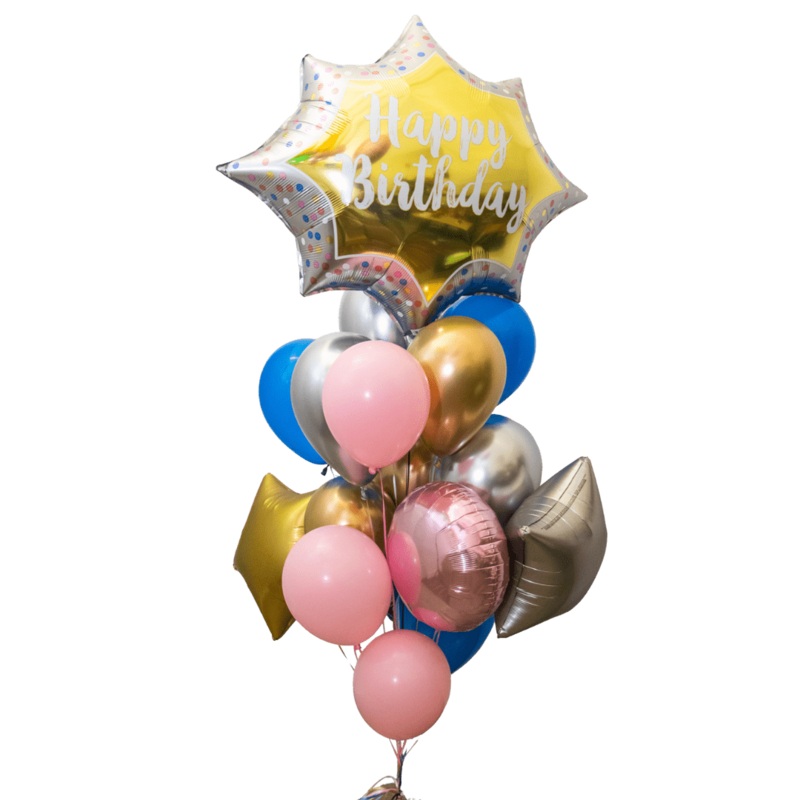 Happy Birthday Satin Gold Burst Deluxe Bouquet | 17 pcs