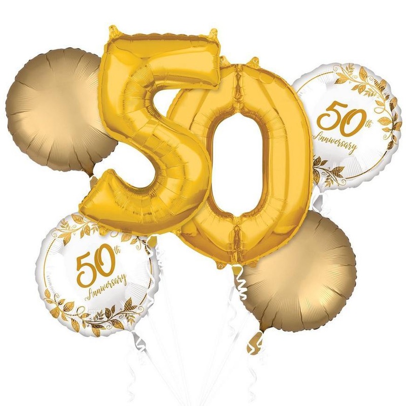 Gold 50th Anniversary Foil Balloon Bouquet | 5 pcs
