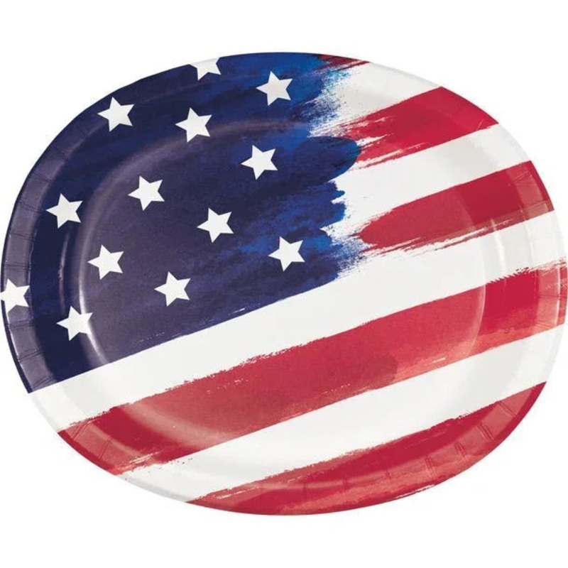 4th Of July Painterly Patriotic Oval Dinner Plates 10 x 12 | 8ct