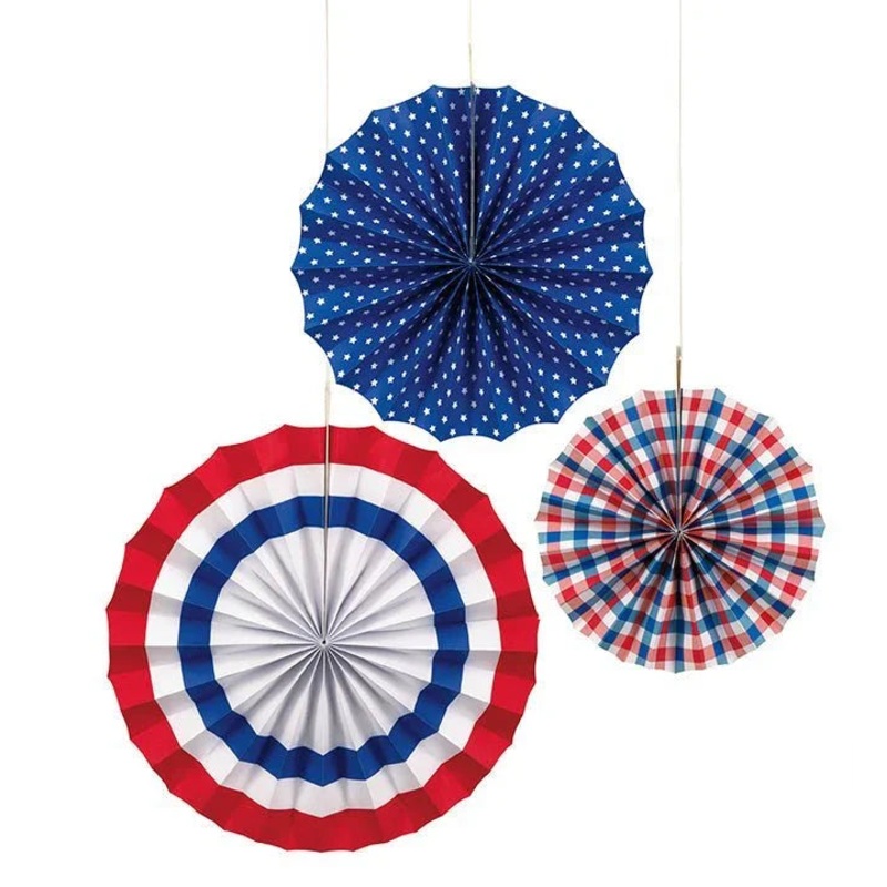 4th Of July Patriotic Paper Fan Decorations | 3ct