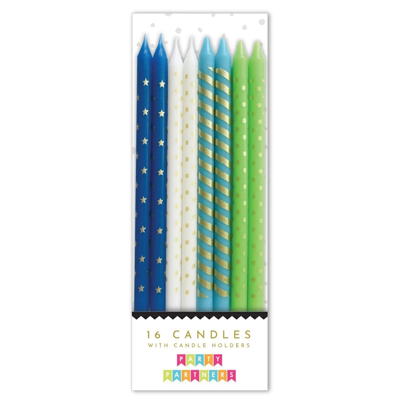 Blue & Green Metallic Patterned Candle Set | 16ct