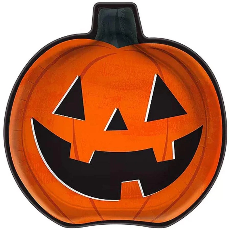 Classic Orange & Black Pumpkin-Shaped Jack-o’-Lantern Paper Lunch Plates, 9in | 8ct