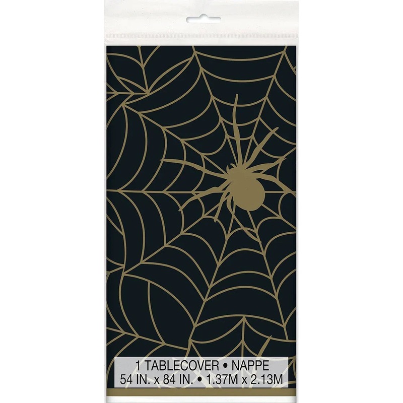 Halloween Black & Gold Spider Web Plastic Table Cover 84 x 54 | 1 ct