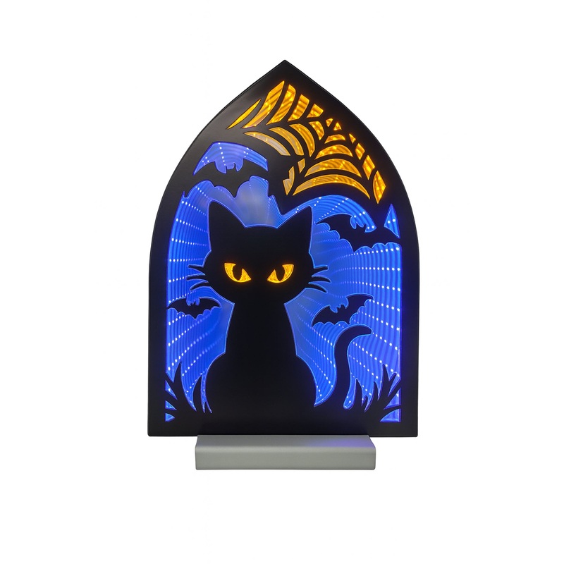 Cat w/Spider Net Infinity Light, Acrylic w/UL Plug, 12