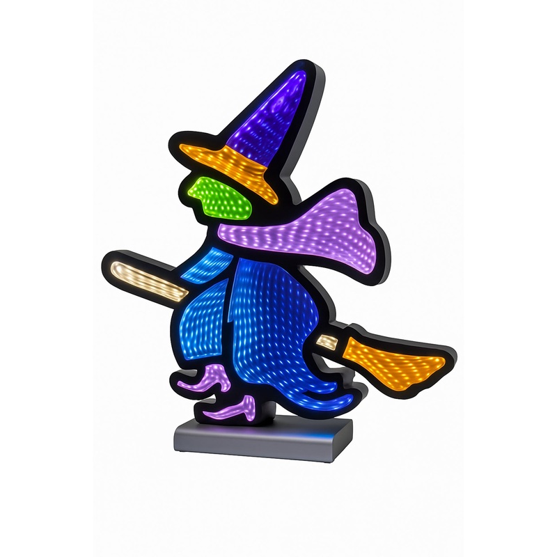 Witch on Broom Infinity Light, Acrylic w/UL Plug, 15.5