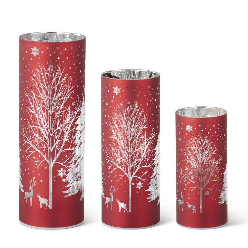 Laser Engraved Winter Scene LED Cylinders, 6 – 10 (Set of 3) (Red)